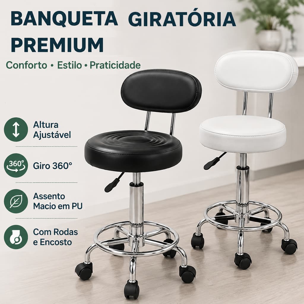 Cadeira Mocho Giratória c/ Encosto Estética Manicure Massagista Ergonômica Plus