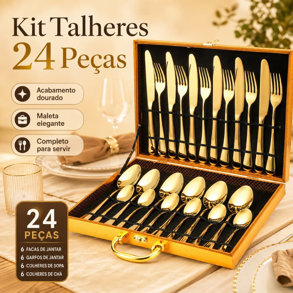 Jogo de Talheres 24 Peças Dourado Aço Inox Premium Luxo Faqueiro com Maleta Garfo Faca e Colher