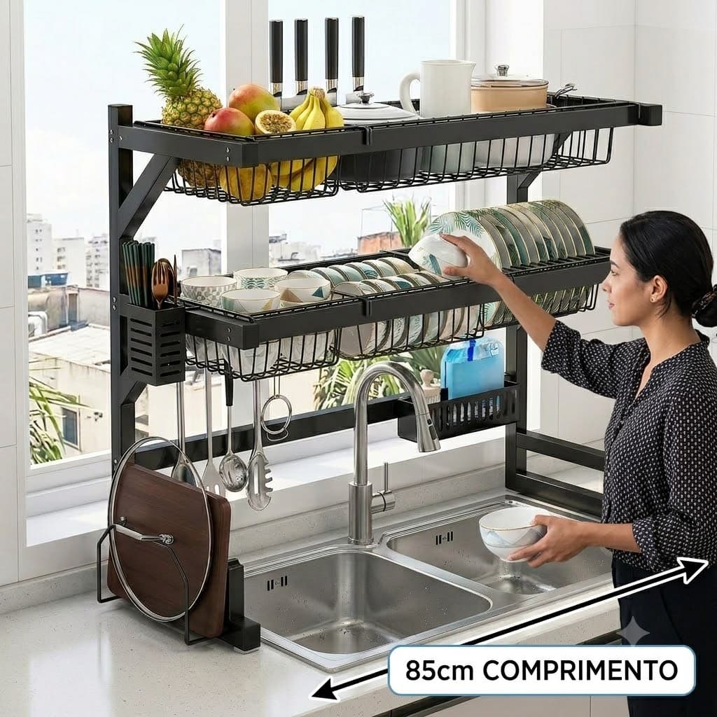 1/2Rack Escorredor De Louça Suspenso Kitchen Rack Aço Inoxidável Organizador Louça Preto 65/85cm