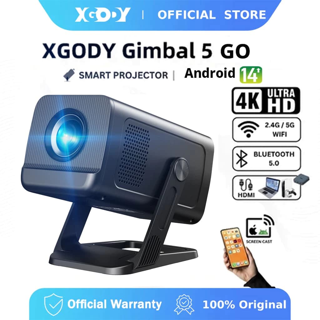XGODY Gimbal 5 Go Projetor Portátil 1080P 4K HD Android 14 Smart TV Wifi Bluetooth Home Theater Ao Ar Livre