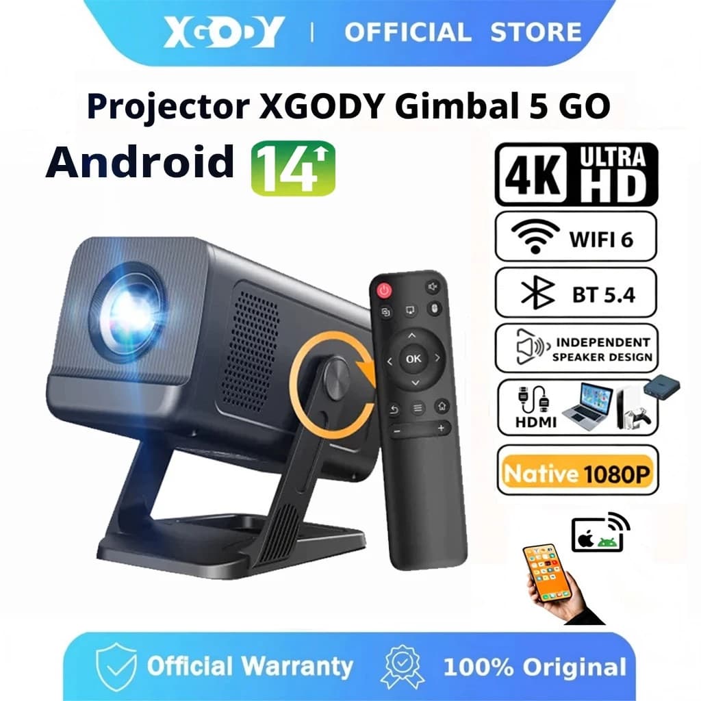 XGODY Gimbal 5 GO Projetor Portátil 300ASNI 4K HD Android 14 Projector Wifi6 BT5.4