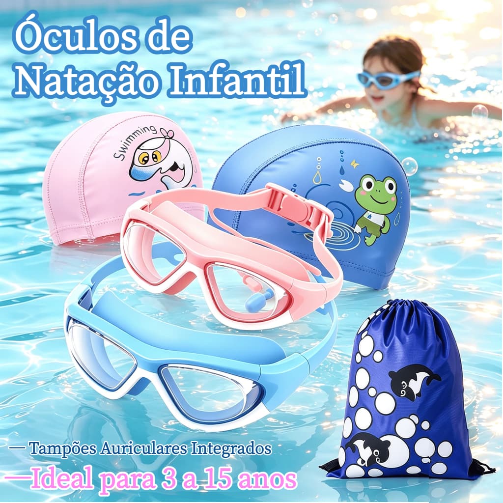 Kit Óculos Natação Infantil Antiembaçante | Touca Silicone para Protetores Auriculares para Bolsa de Armazenamento