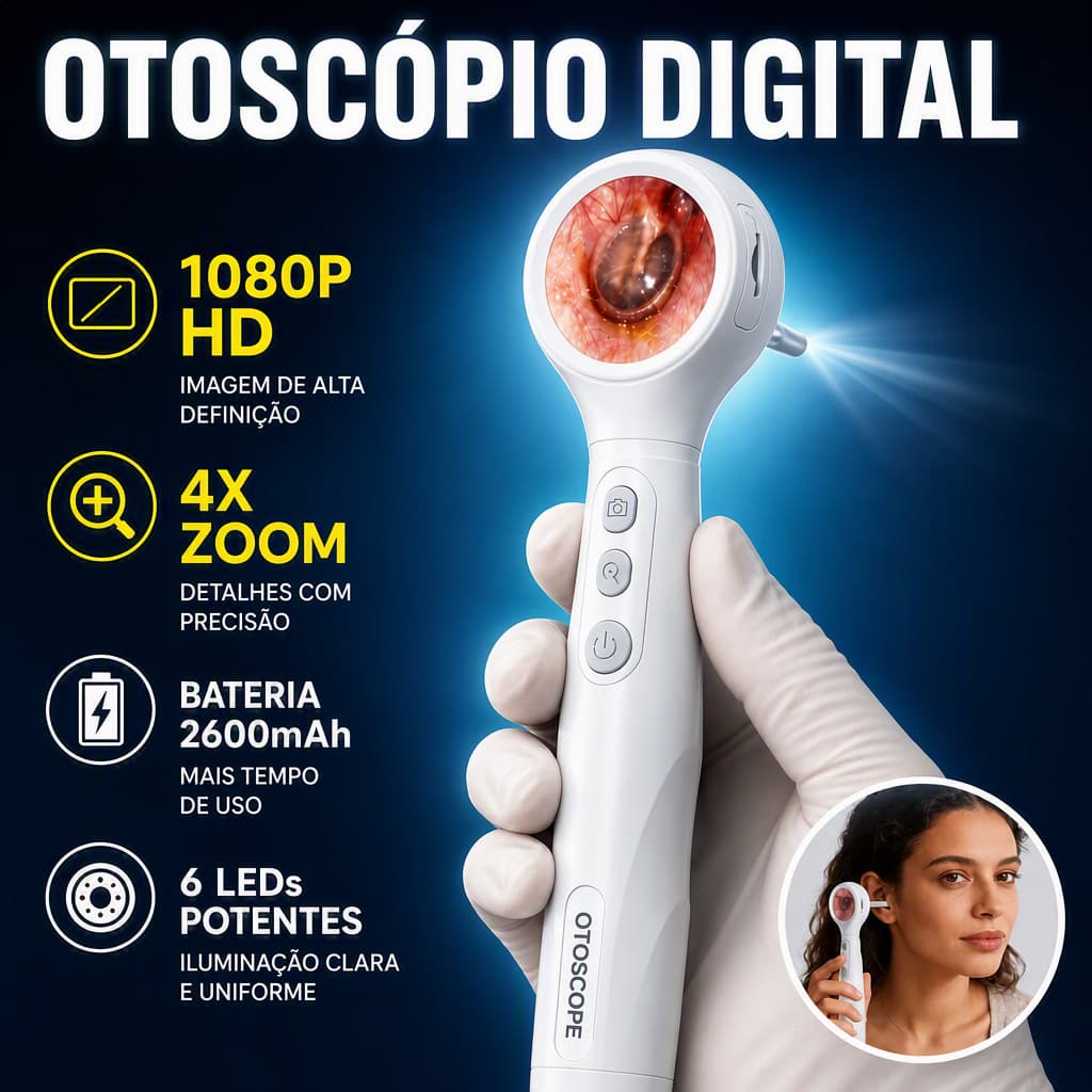 Otoscópio Visual com Tela 1.38'' IPS 1080P 4X Zoom Para Ouvido e Nariz Digital Profissional