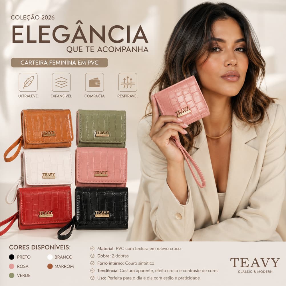 Carteira Feminina Pequena Textura Crocodilo Porta‑Cartões Compacta