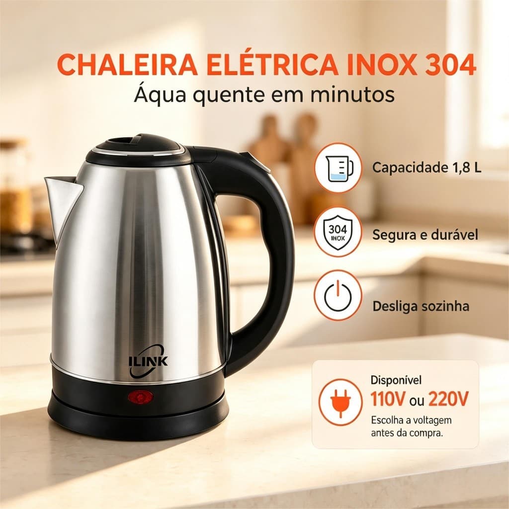 Chaleira elétrica de aço inoxidável 304, 1.8L, grande capacidade, doméstica, Anti-secagem, desligamento automático