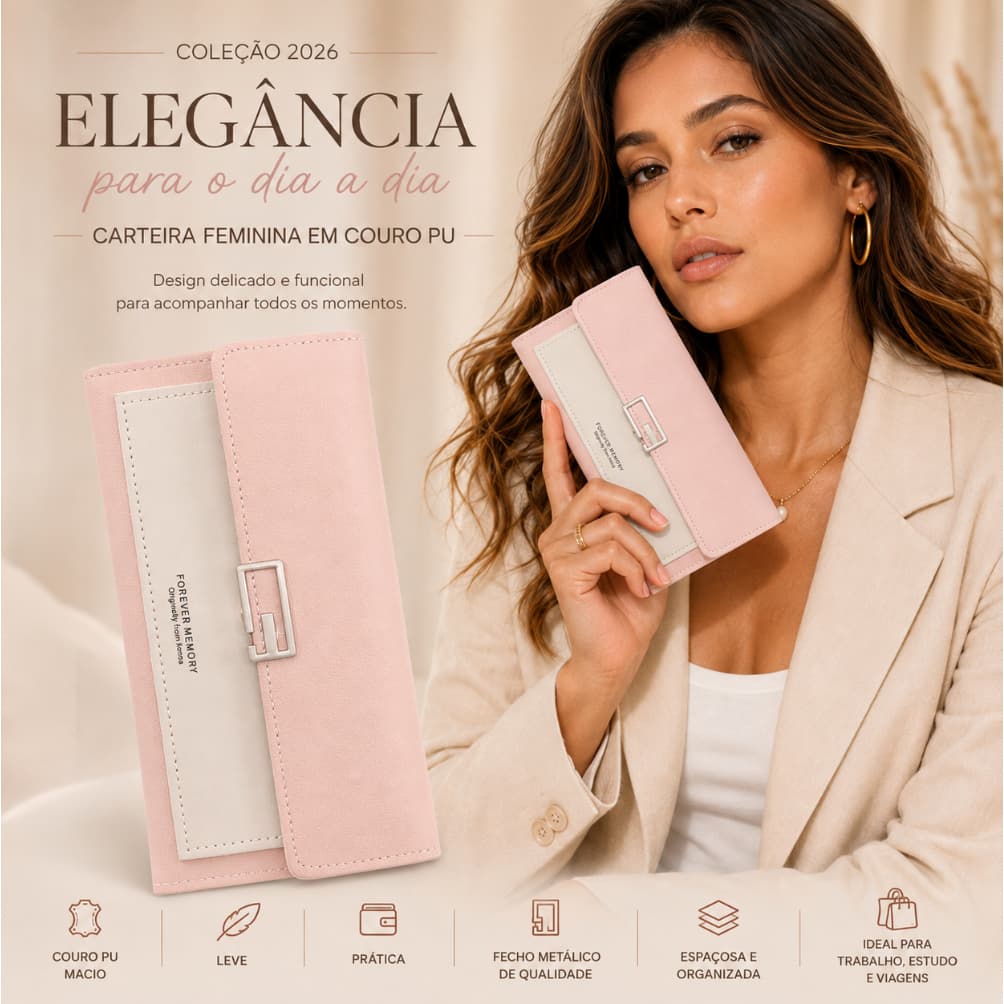 Carteira Feminina Longa Grande Capacidade, Multifuncional Porta‑Cartões, Bolsa Para Moedas e Notas