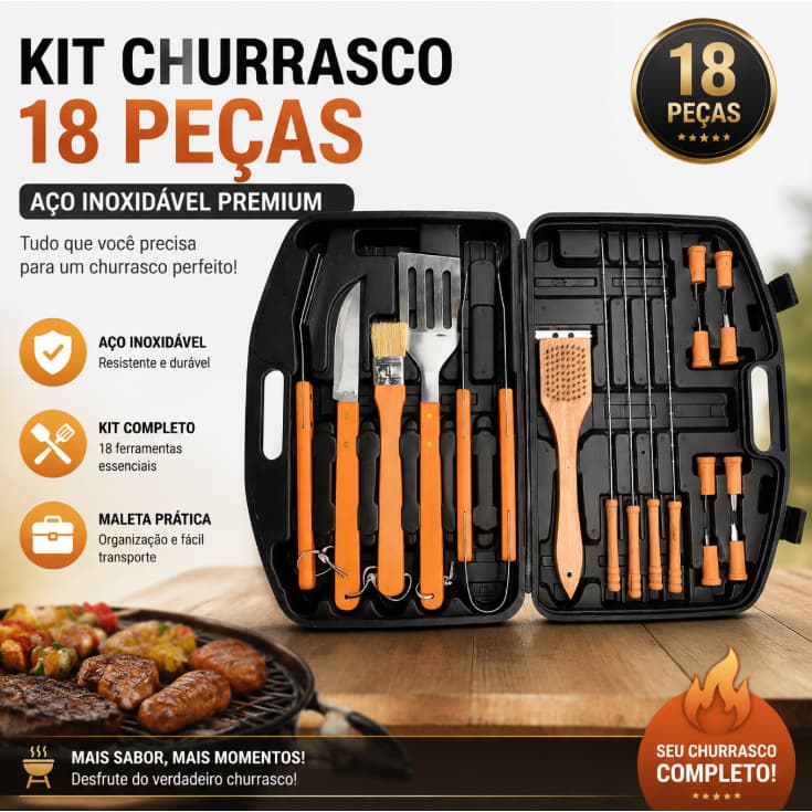 Kit 18 Churrasco Inox Faca/garfo/pegador/espatula/amolador/chaira churrasqueiro facas