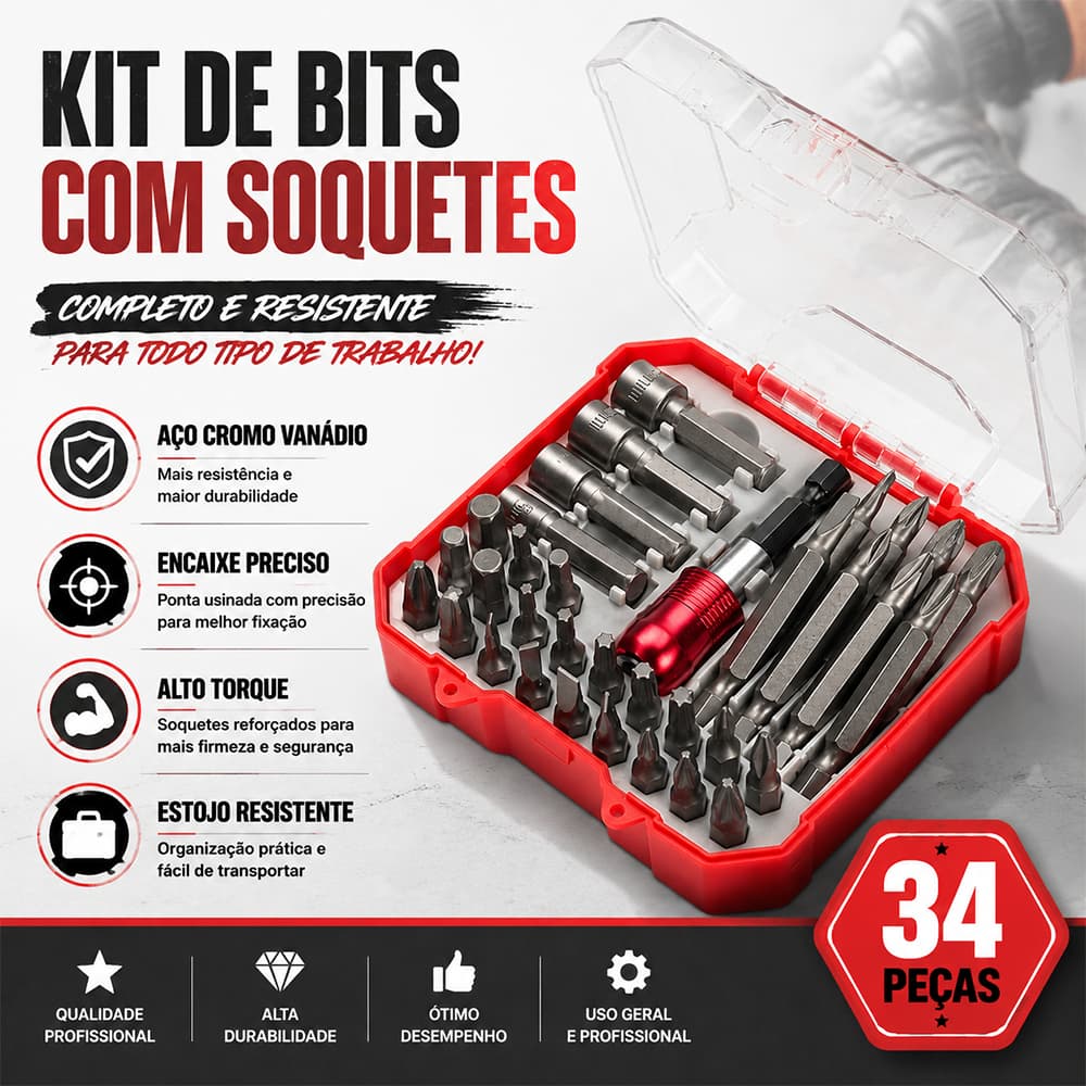 Jogo Bits Parafusadeira 34pcs Completo 1/4 Com Ponta Philips Fenda Torx Ponteira