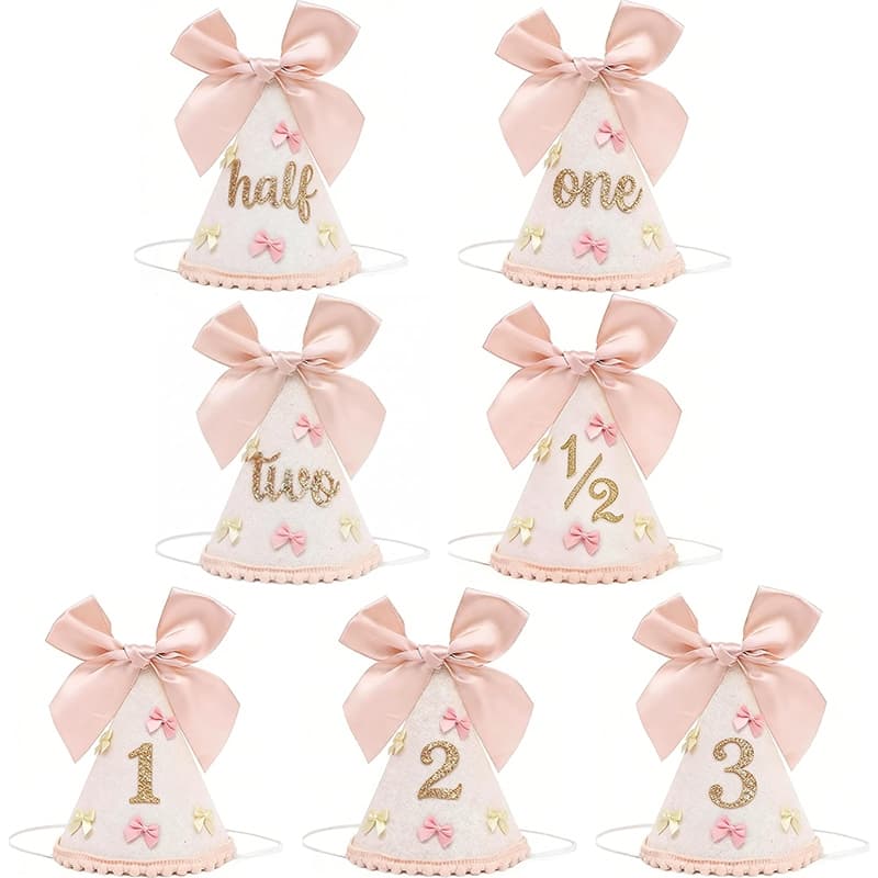 Chapéu De Cone De Aniversário Com Laço Rosa Glitter Número Metade Um Dois Três Festa Para Bebês Meninas Decoração