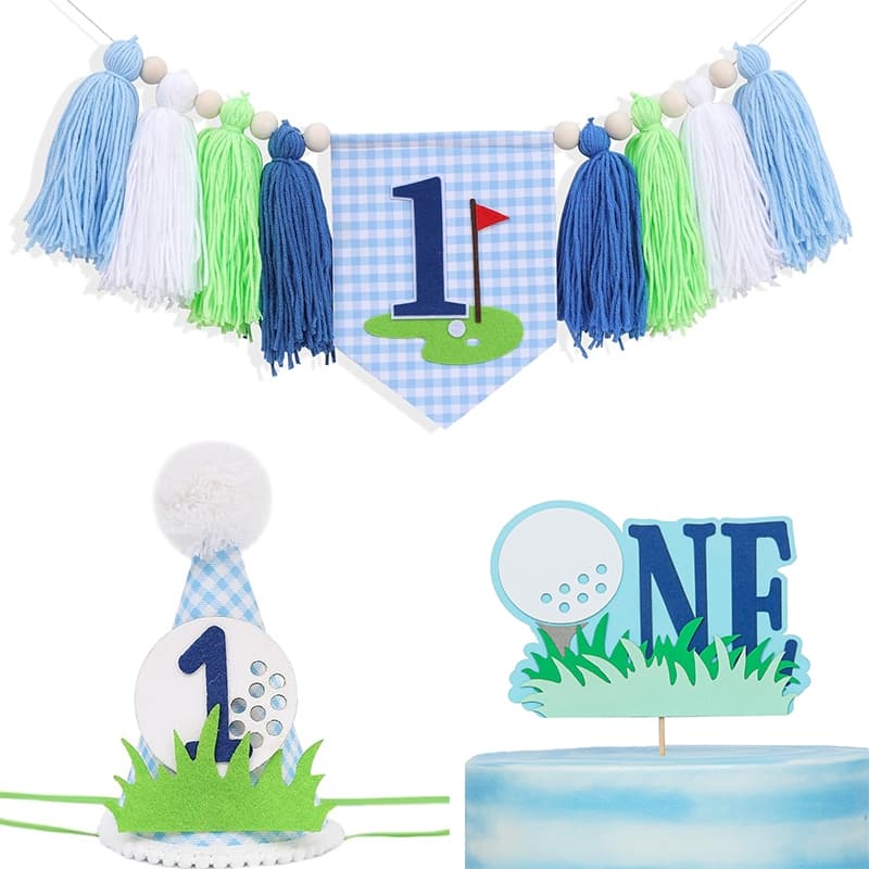 Tema De Golfe Bebê Primeiro Aniversário Decoração Conjunto Banner Chapéu Bolo Topper Para Meninos Fontes De Festa De