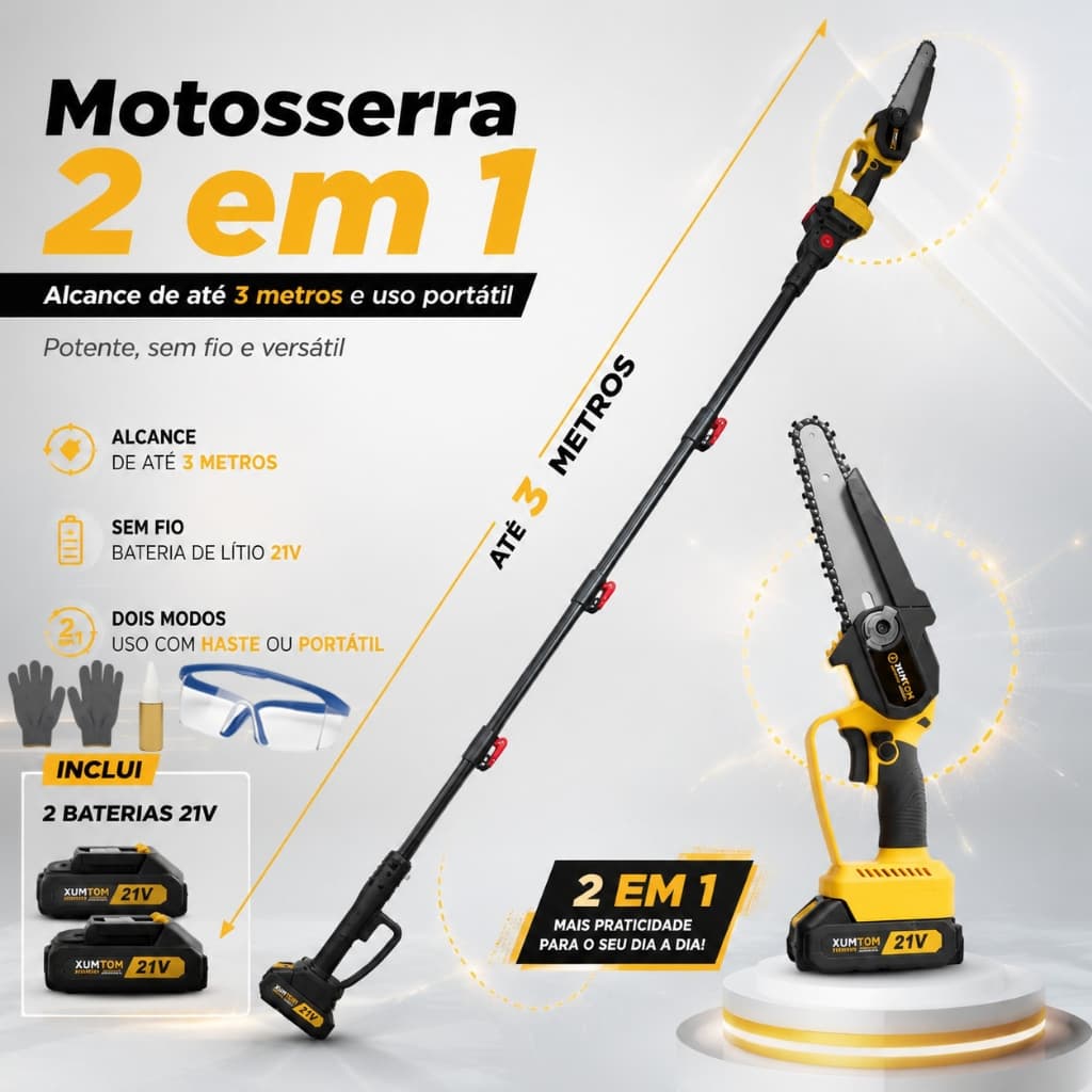 Motosserra E Serra De Poda Alta Elétrica 2 Em 1-Serra Portátil Sem Fio 1000W, 2 Baterias De 21V, Poste De Extensão De 3M