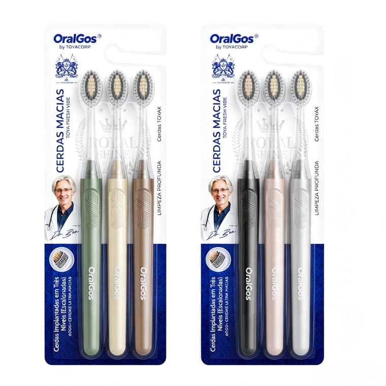 OralGos Escova de Dente, Escova Dental Azeitona, Kit 3un, Cerdas de Limpeza de 3 Camadas