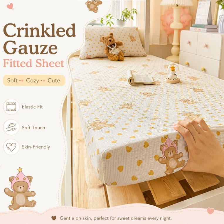 Lençol Emborrachado Individual Queen King Fofo Urso Amarelo Estilo Coreano INS De Cremoso Macio Enrugado Gaze Seersucker