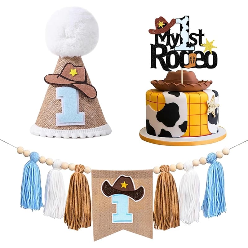 Decoração De Primeiro Aniversário De Bebê Cowboy Ocidental Meu 1o Banner Chapéu Bolo Topper Para Menino Adereços De