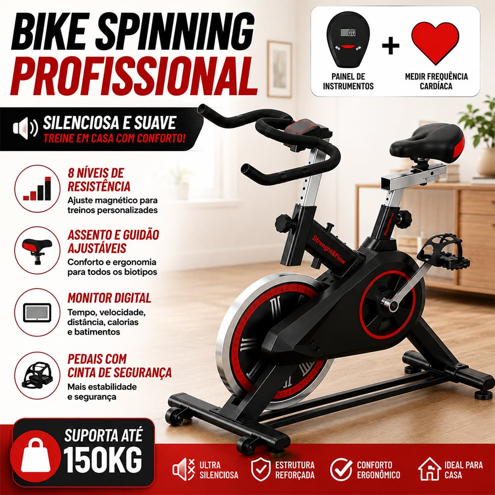 Bicicleta Spinning Ergométrica Para Exercícios Com Monitor Profissional Sport Suporta até 120kg