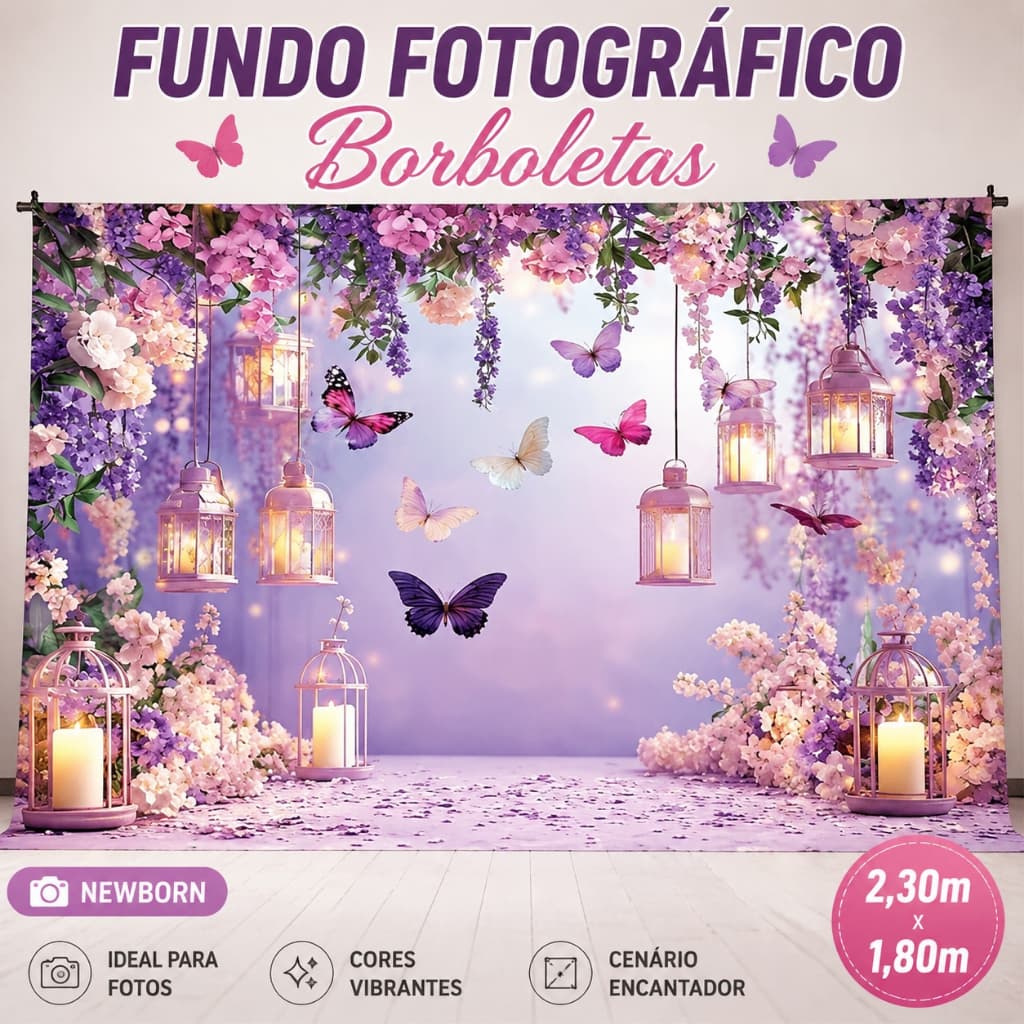 Fundo Fotográfico Borboletas 2,30x1,80 Painel Borboletas 3D em Tecido Sublimado Retangular Newborn