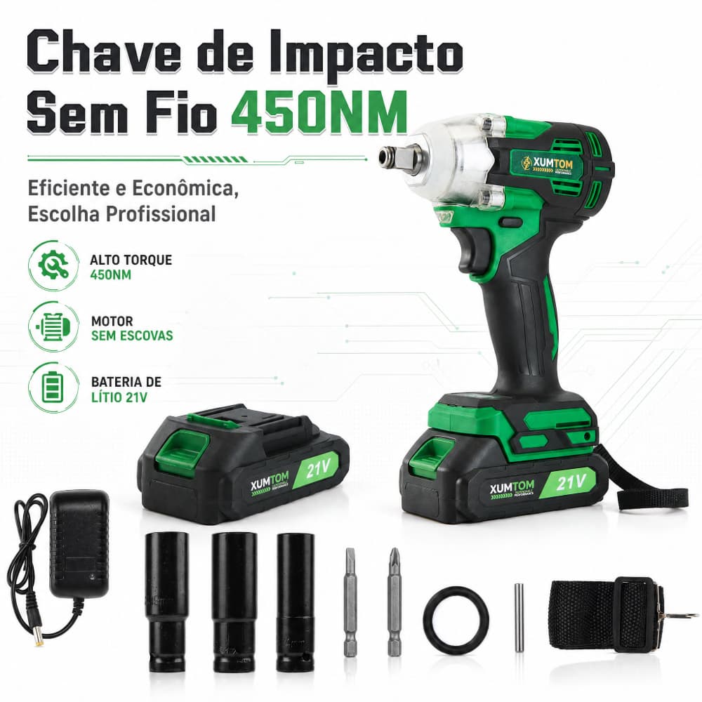 Chave De Impacto Sem Fio Elétrica Brushless Motor450NM com Baterias e 3 Soquetes