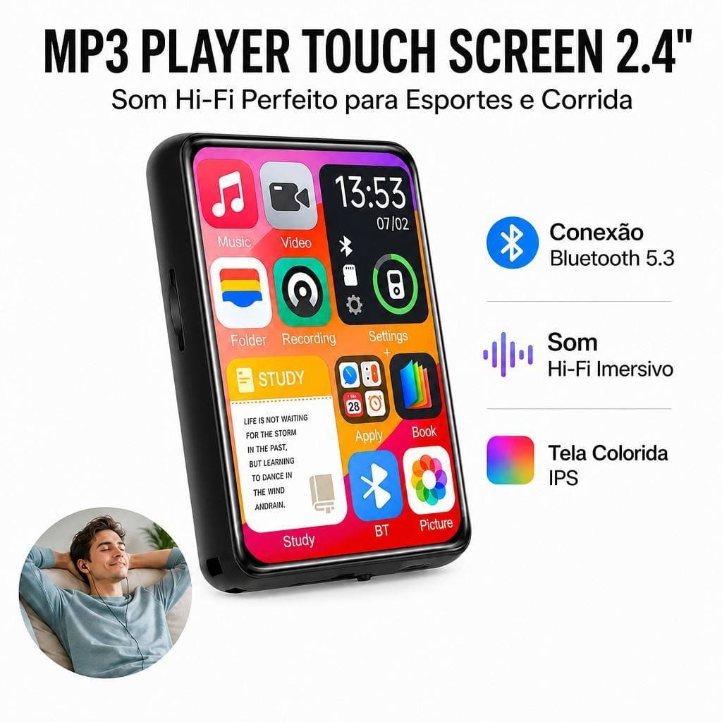 MP3 Player Tela Touch Bluetooth Rádio FM Gravação de Voz Reprodutor de Música Alto-falante Pro