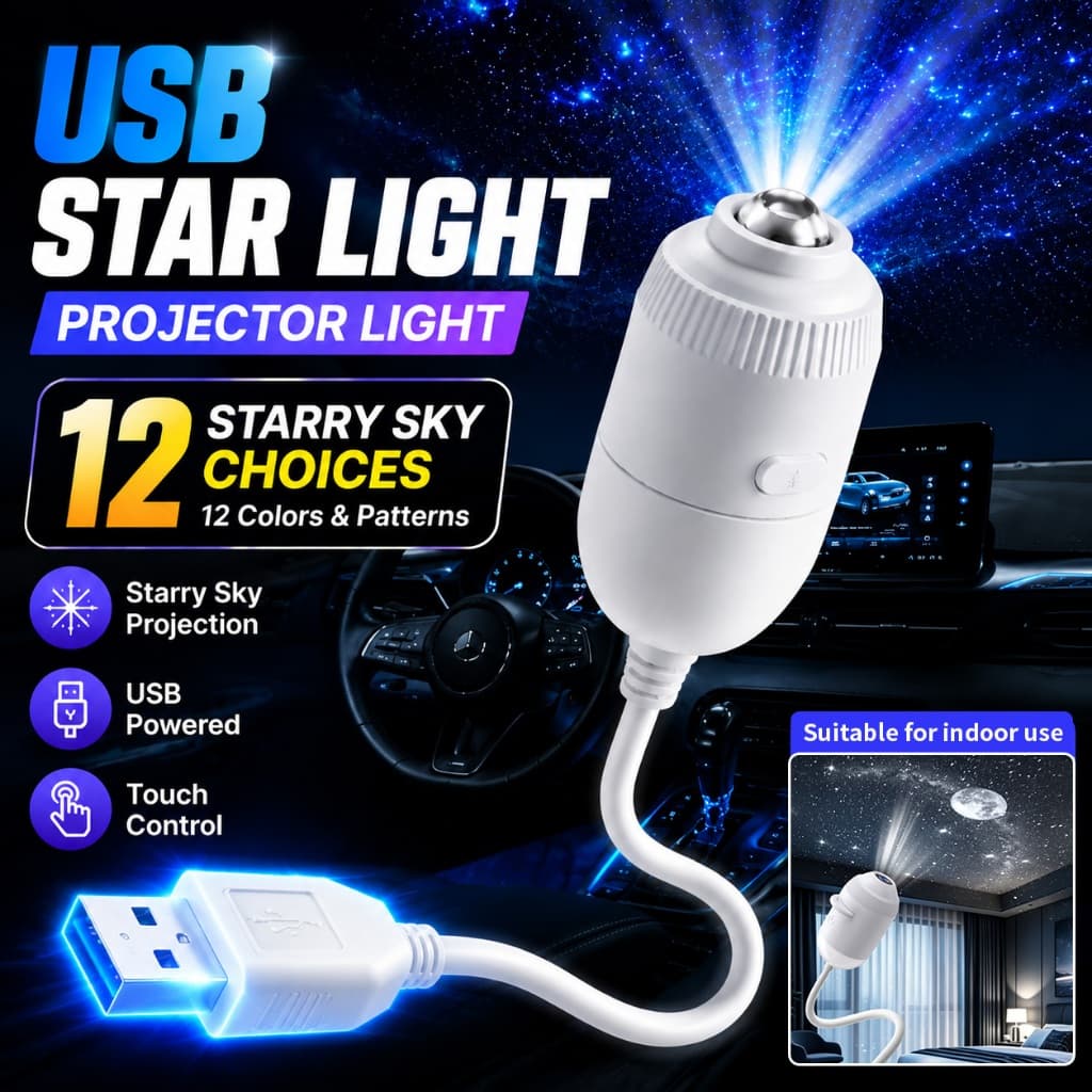 12 Filme USB Céu Estrelado Projetor Luz 2-Em-1 Interior Do Carro Noturna Ambiente Foco Ajustável Decoração Quarto