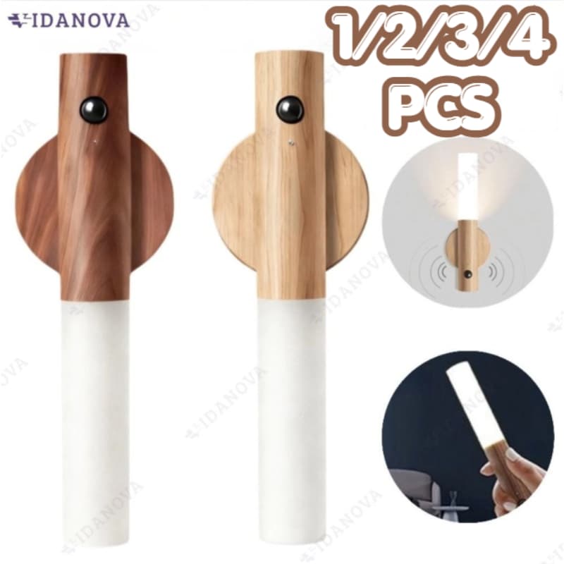 Lâmpada LED recarregável com sensor de movimento, com ímã, elegante em madeira, prática, adequada para mesa e parede-VN