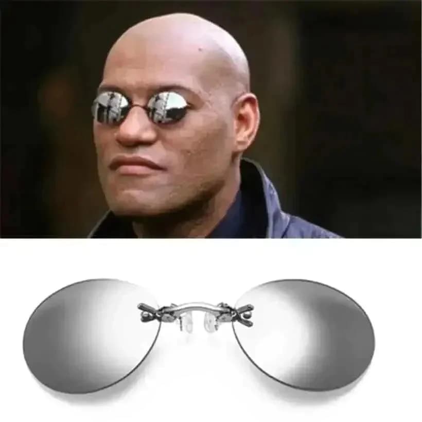Óculos de Sol Redondos Sem Aro com Almofadas de Nariz Clip-on Morpheus Matrix Mini Armação Vintage Masculina UV400 DW5