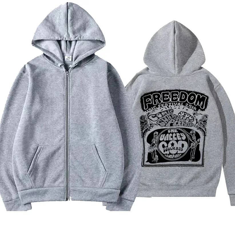 Unissex Zip Up Hoodie Vintage Liberdade Festival Gráfico Volta Impressão Jaqueta Com Capuz Casual Solto Streetwear Molet