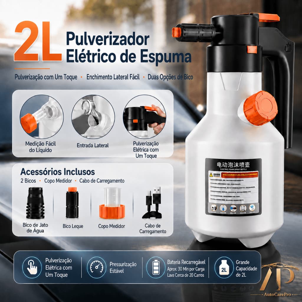 Pulverizador Elétrico de Espuma Multiuso 2L, Sem Fio, Recarregável e com Um Toque para Carros, Casa e Jardim