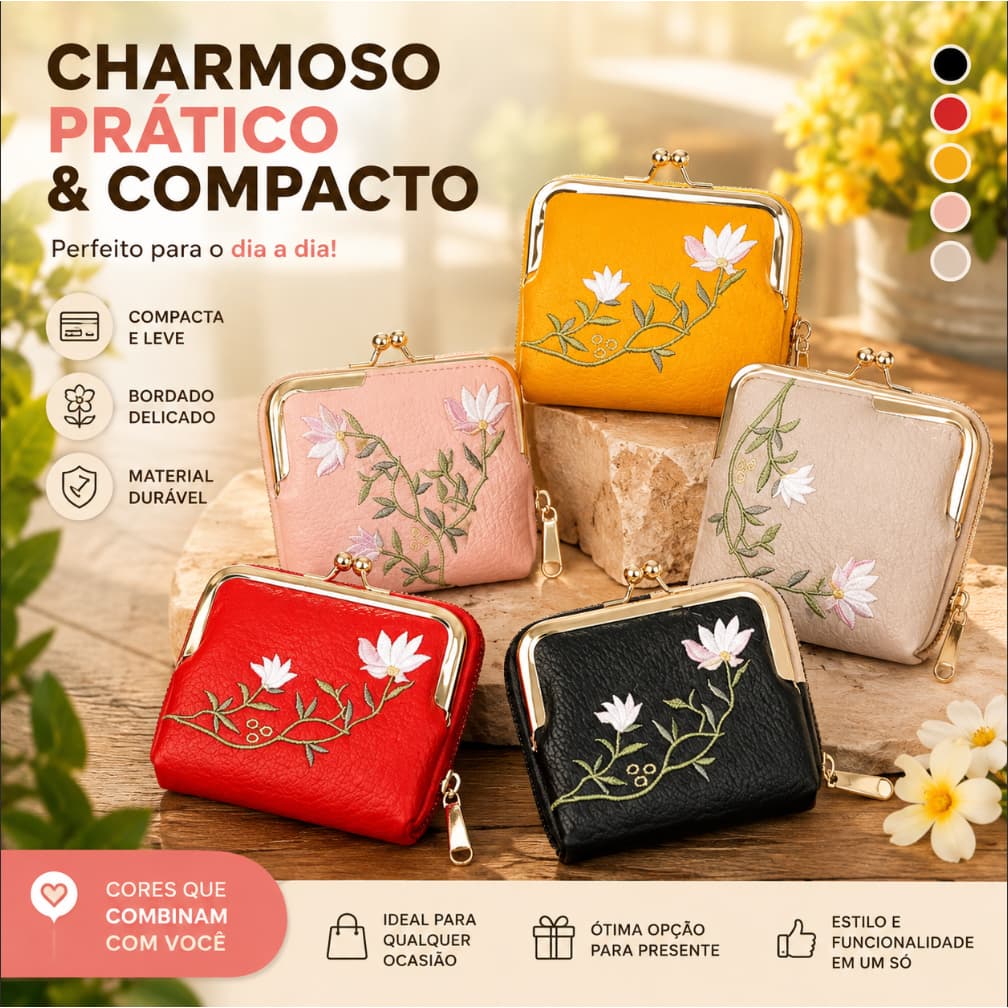 Carteira Feminina Curta Bordada Floral Porta Cartões Grande Capacidade Zíper Moeda