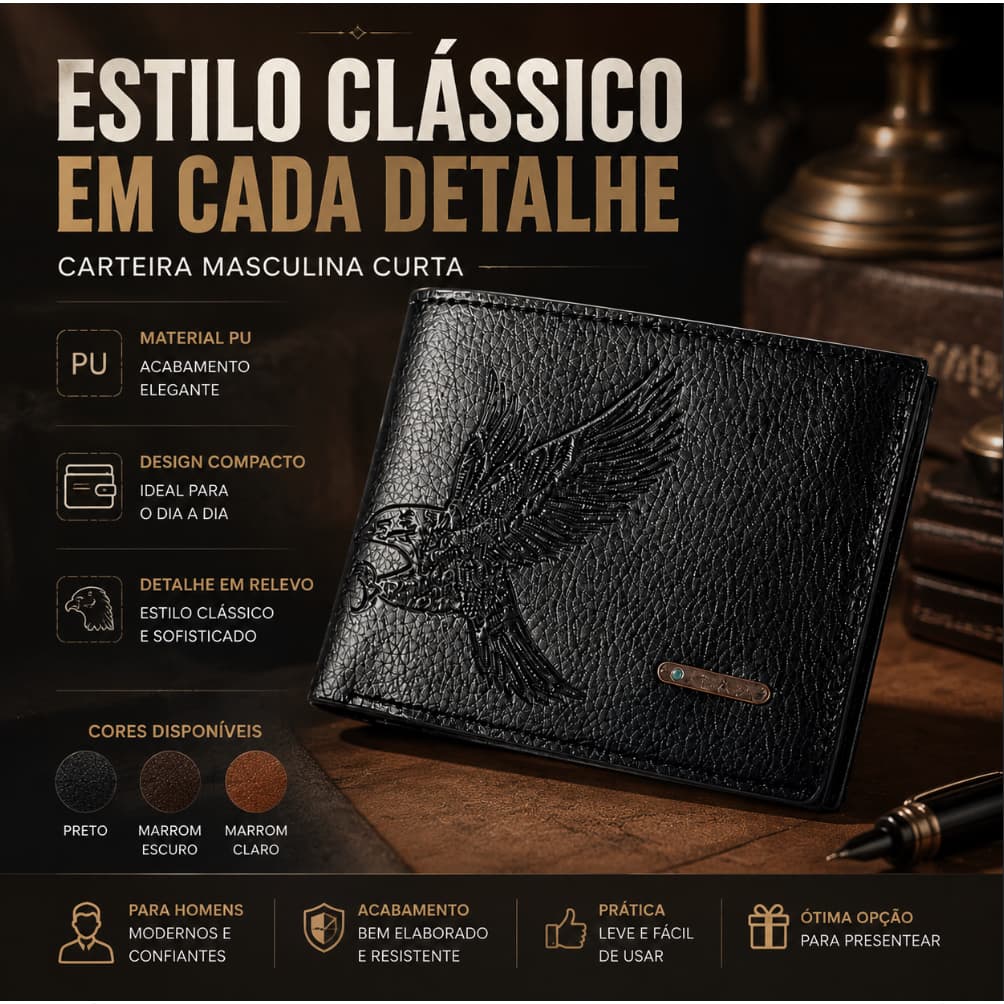 Carteira Masculina Couro Sintético Estampa Águia Relevada Bolso para Cédulas e Cartões