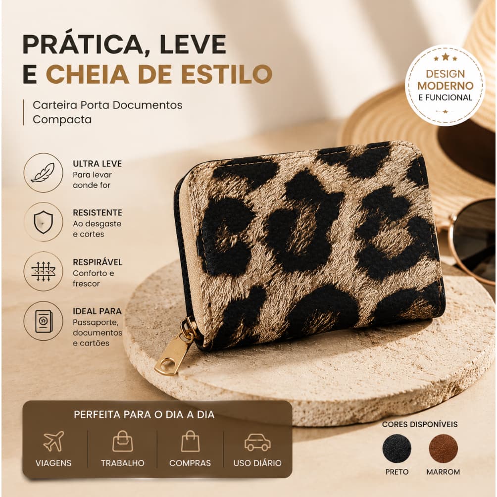 Carteira Feminina Estampa Onça Mini Porta Cartões Zíper Multiuso Bolso Moeda