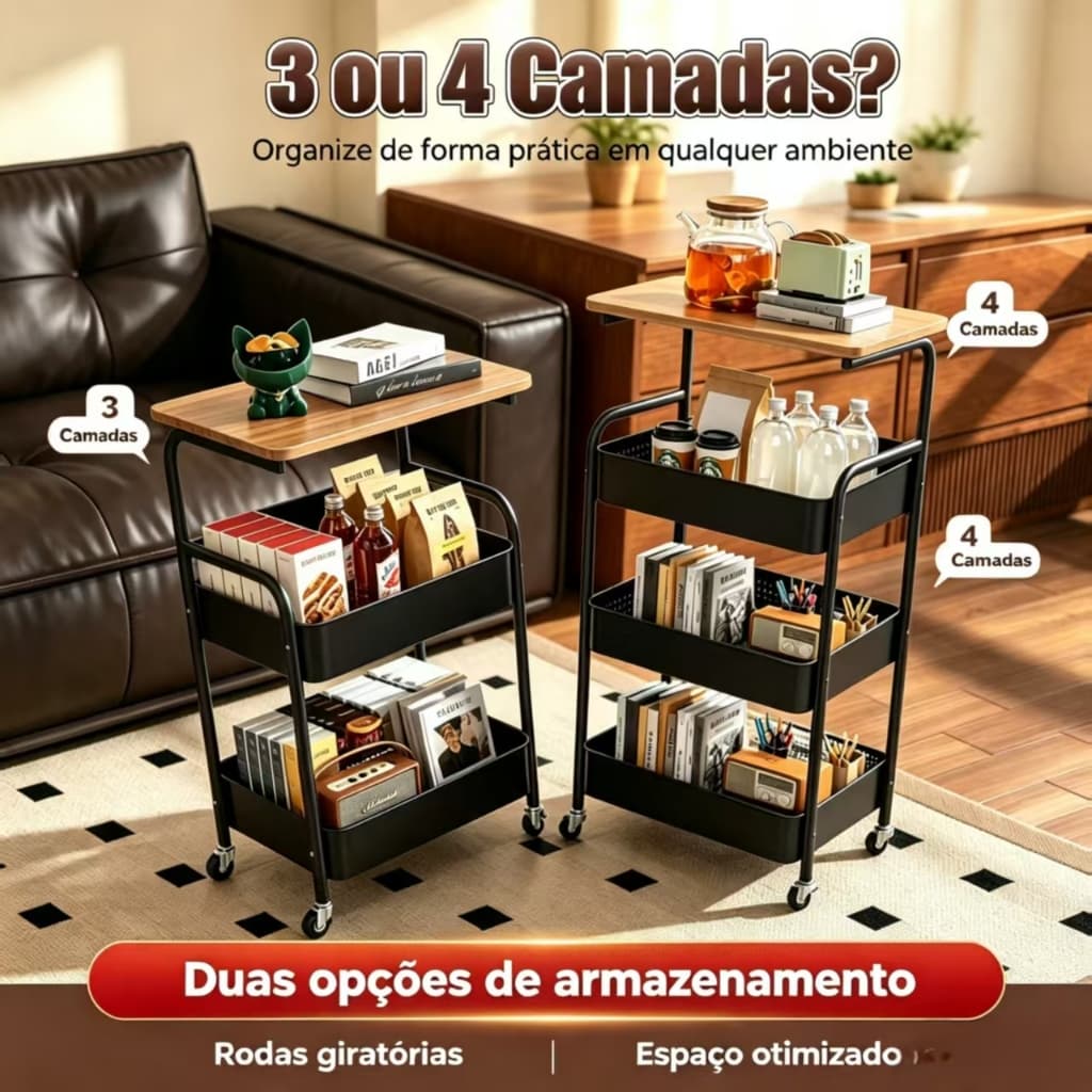 Carrinho De Rodas 360° 3~4 Andares Multiuso Para Casa, Estrutura Resistente para Casa, Cozinha e Escritório