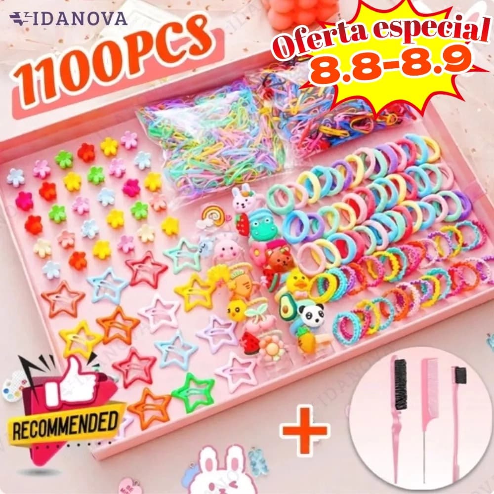 Conjunto De Acessórios Para Cabelo De Desenho Animado De 1100 Peças / Clipes BB Coreanos/ Elásticos E Mulheres Elegante