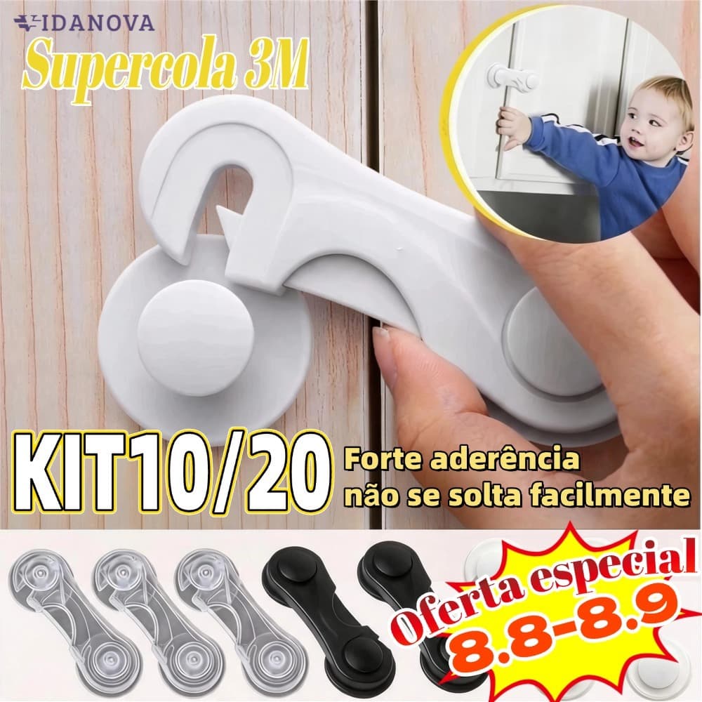 Kit 10/20 Trava Gaveta Armario Seguranca Protetor Protecao Bebe Branco Prende Sem Furos Adesivo 3M Várias Cores-VN
