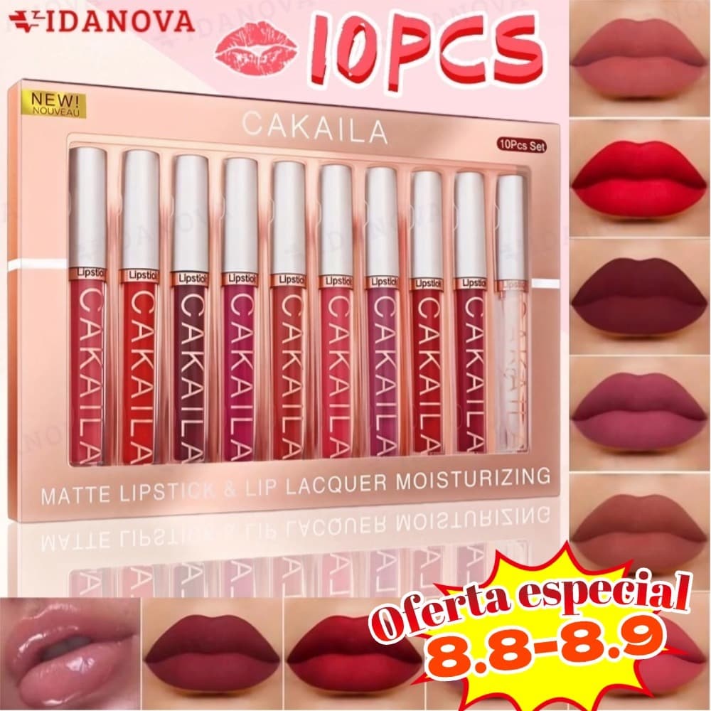 Conjunto com 10 glosses labiais matte, à prova d'água, com acabamento aveludado e cor de longa duração por 24 horas-VN