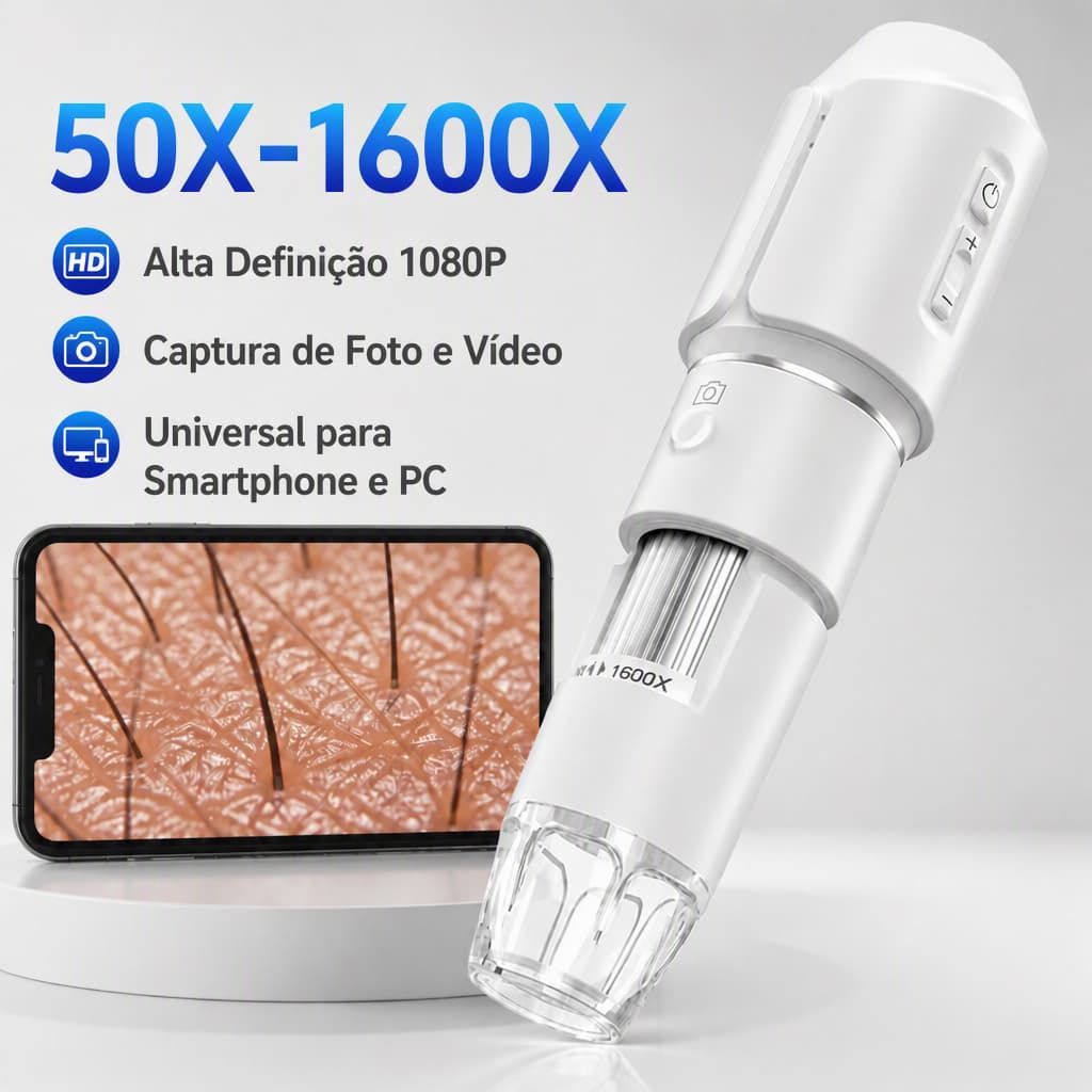 Microscópio Digital Sem Fio Análise de Pele e Limpeza Profunda Câmera HD Profissional Branco