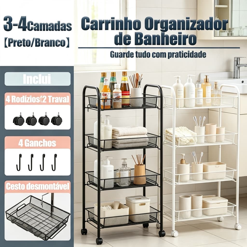 Carrinho Organizador Multiuso Auxiliar em aço com 3/4 Divisórias e com Rodinhas - Banheiro, Cozinha e Lavanderia