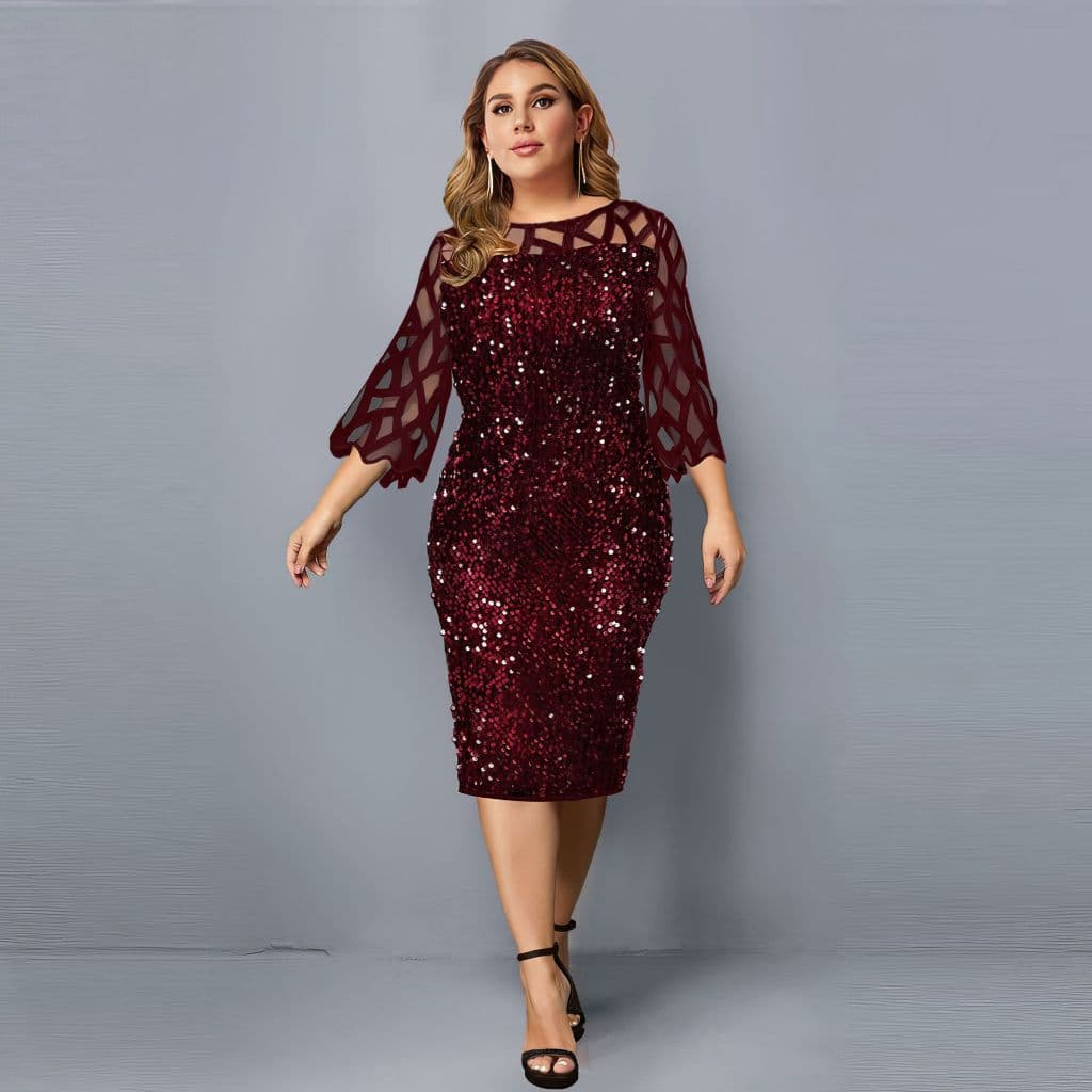 Plus Size P-5XG Vestido Feminino Festa Noite Elegante Temperamento Malha Slim Manga Longa Lantejoulas Vestidos 024