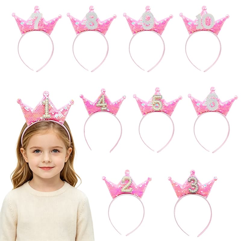 Tiara De Aniversário Com Coroa De Lantejoulas Rosa , Faixa De Cabelo 1 A 10 Anos Para Crianças , Festa