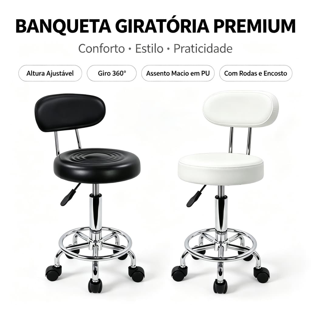 Cadeira Mocho Giratória c/ Encosto Estética Manicure Massagista Ergonômica Plus