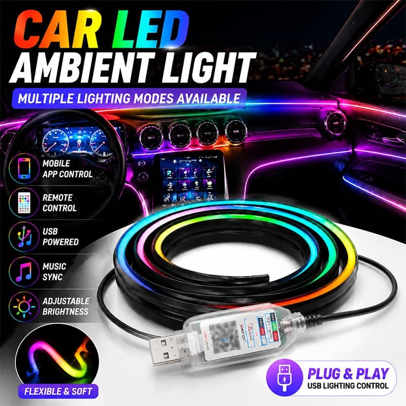 150CM Luz Ambiente Do Carro RGB LED Tira Interior Escondida Acrílica APP Controle Modo Música Lâmpada Atmosfera