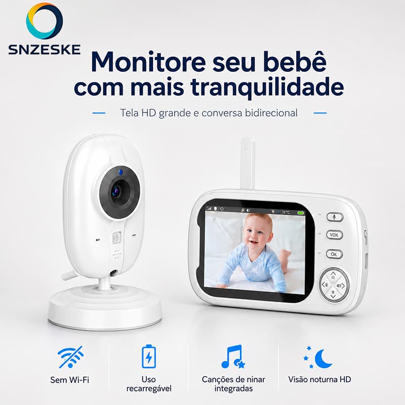 Snzeske [PIX] Babá Eletrônica HD com Câmera, Sem Wi-Fi, Visão Noturna, Áudio Bidirecional e Bateria Recarregável