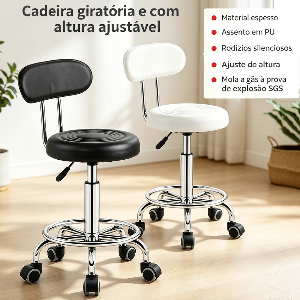 Banqueta De Escritório Giratória Com Altura Ajustável Encosto Para Home Office Encosto Estética Manicure Dentista