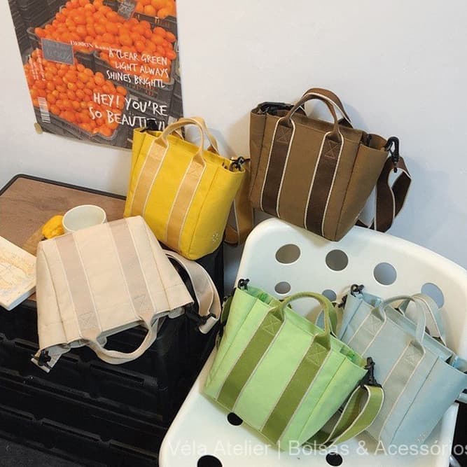 Bolsa Feminina Tote Estilo Coreano Casual De Tecido Com Listras Coloridas Para Faculdade E Dia A Dia