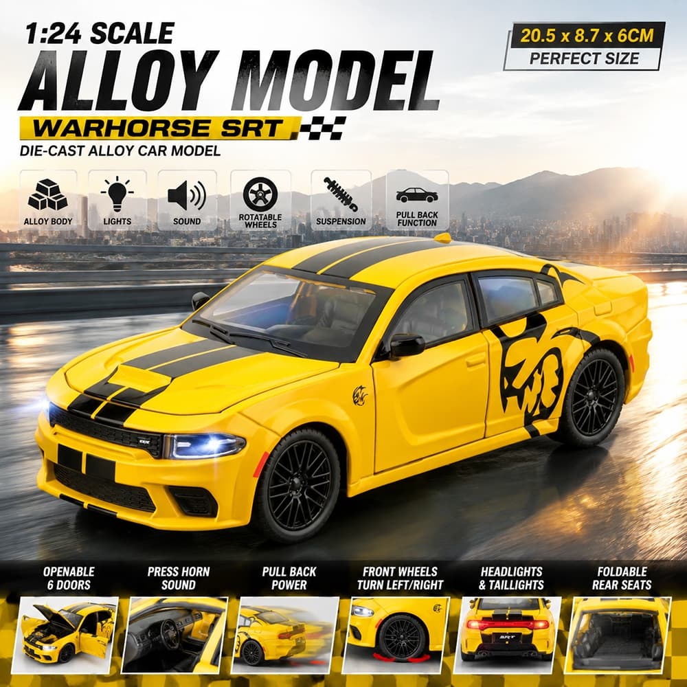 Escala 1 : 24 Cavalo De Batalha SRT Liga Modelo De Carro Diecast Som Luz Amantes Do Coleção Crianças Presente Aniversári
