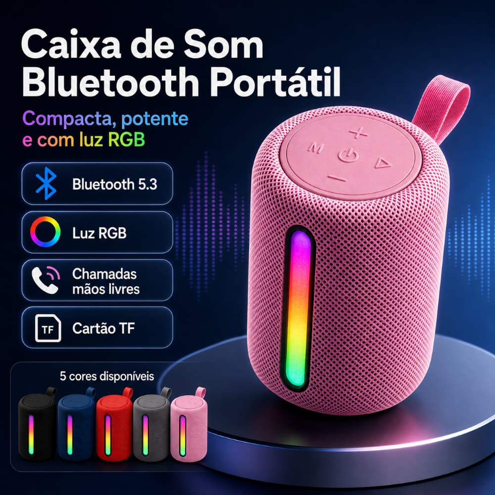 Mini Alto-Falante Bluetooth Portátil Com Luz RGB , 5.3 , 5W , Suporte Para Cartão TF E Chamada Viva-Voz