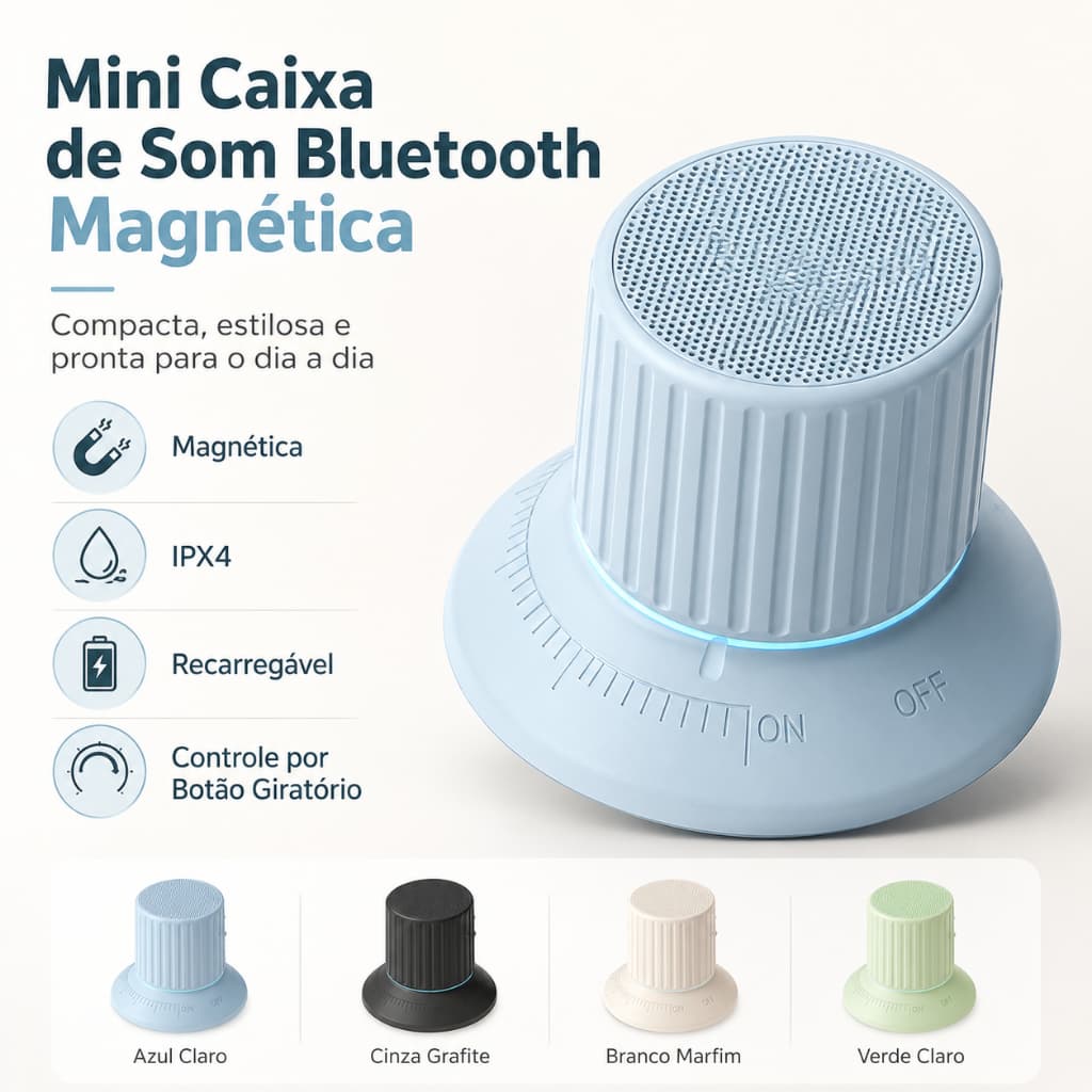 Mini Alto-Falante Bluetooth Portátil Com Montagem Magnética , Controle De Volume Rotativo E Resistência À Água IPX4