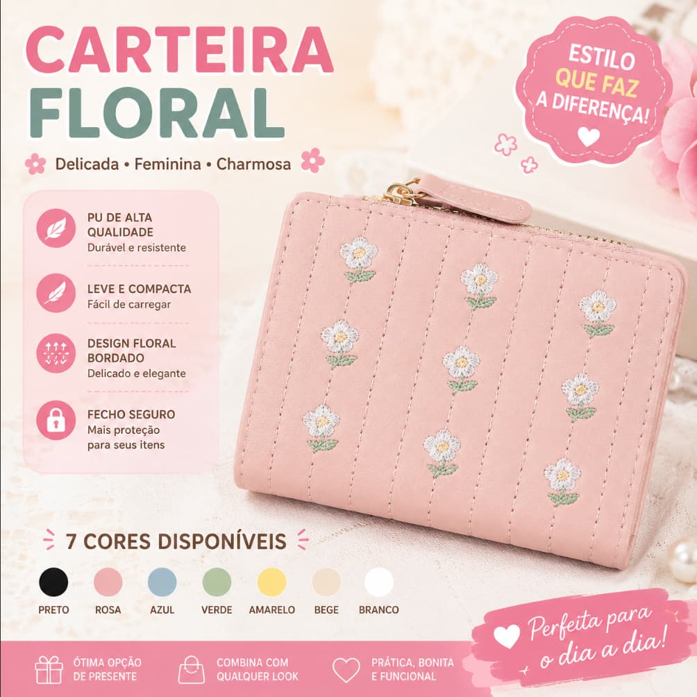 Carteira Feminina Pequena Bordado Floral, Couro Sintético PU, Porta Cartões e Moedas, Carteira Compacta para Dia a Dia