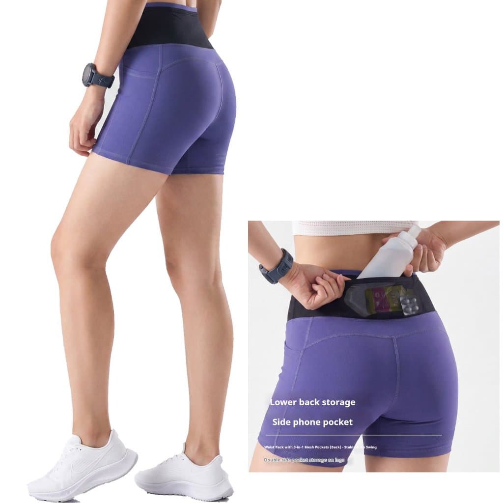 Maratona Feminina Correndo Cintura Alta Armazenamento Perna Apertada Anti Deslizamento Adesivo Fitness Yoga Shorts
