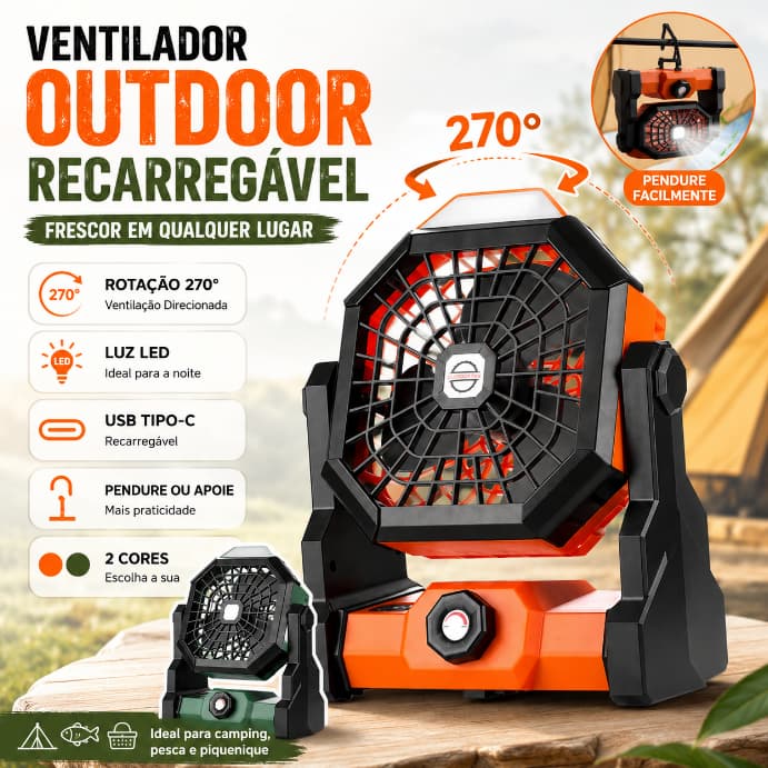 Ventilador De Acampamento Recarregável Portátil Com Led Luz Camping