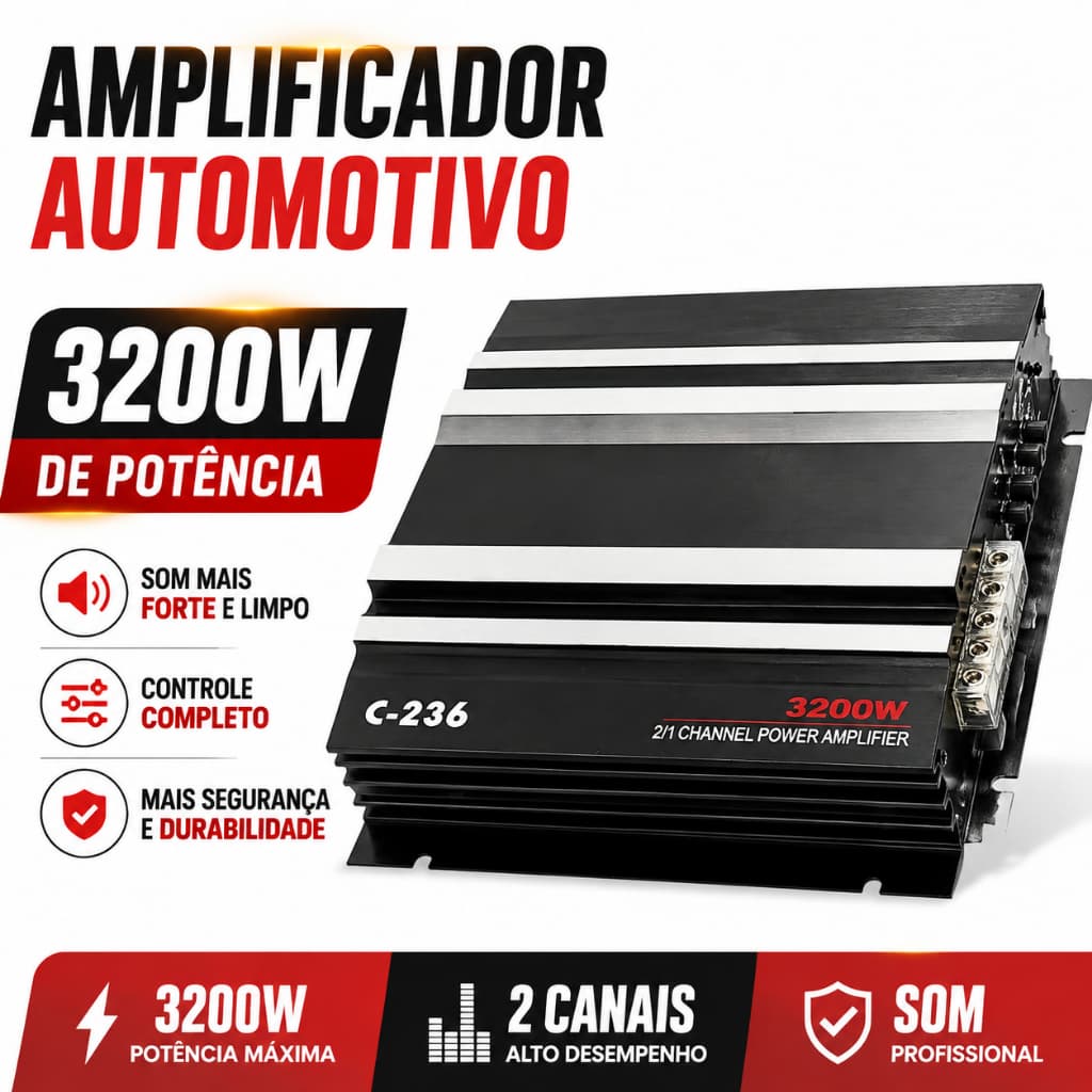 C-236 Amplificador Carro 3200W 2 Canais | Módulo Amplificador Automotivo Alta Potência Som Profissional 12V